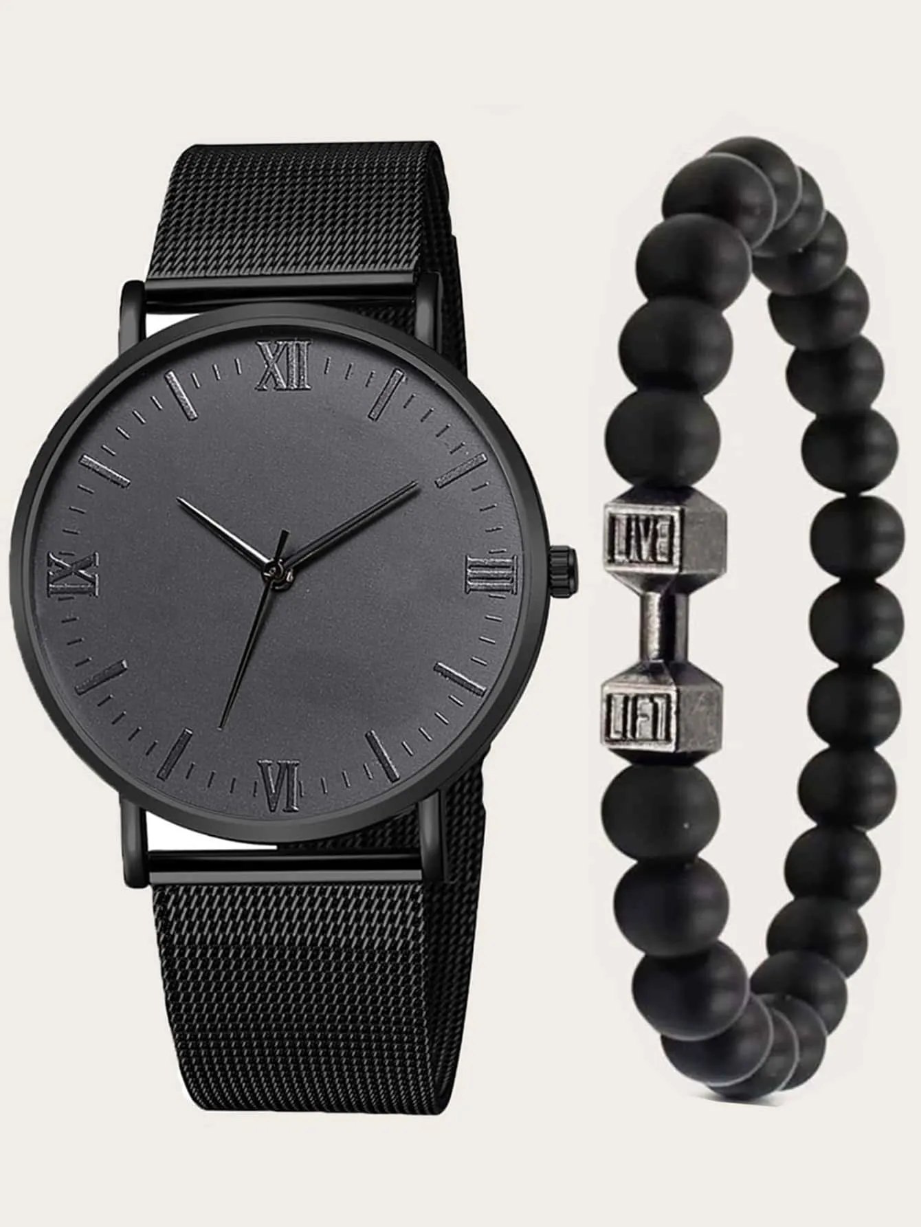 1pc Men Mesh Strap Round Pointer Quartz Watch & 1pc Bracelet