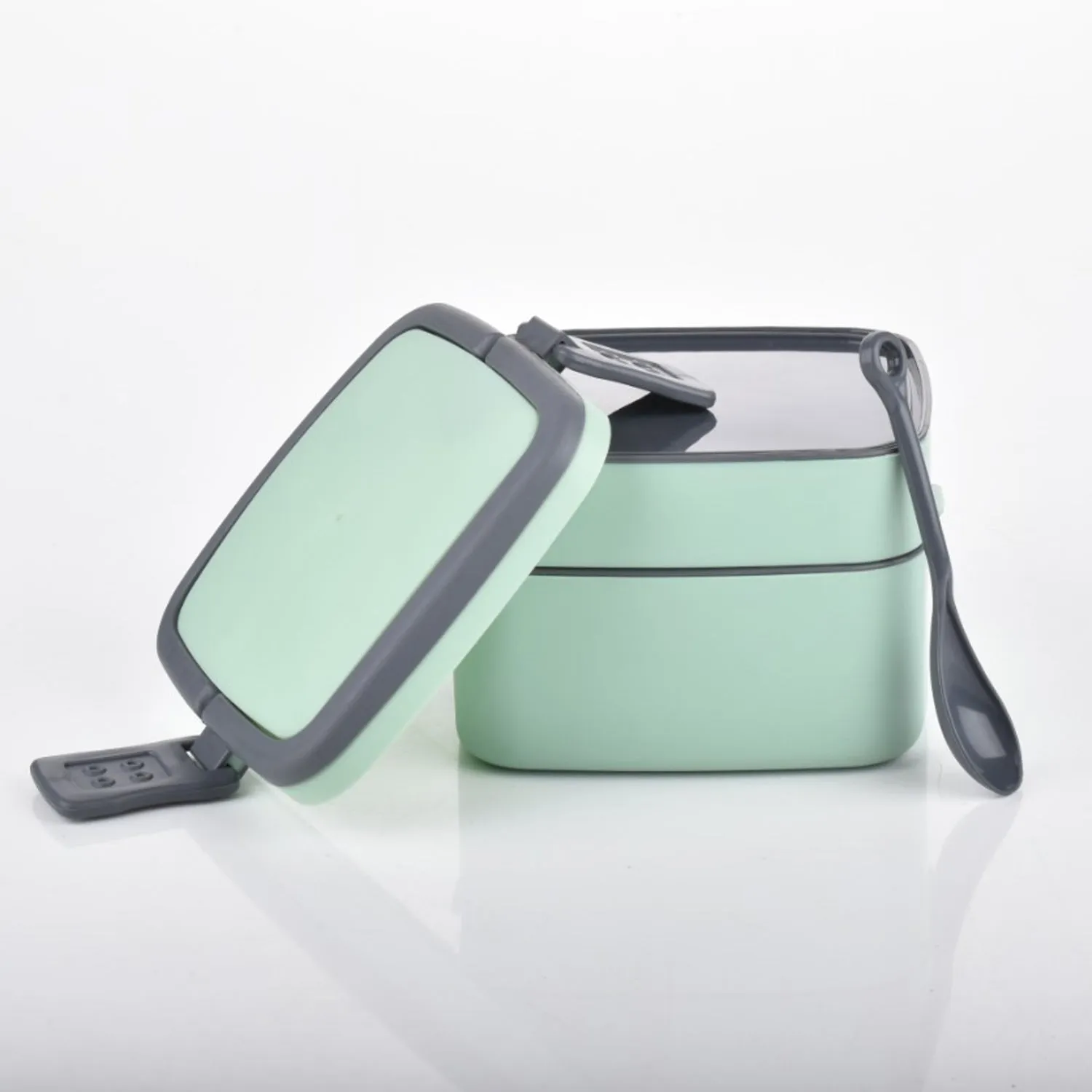 2860 GREEN DOUBLE-LAYER PORTABLE LUNCH BOX STACKABLE WITH CARRYING HANDLE AND SPOON LUNCH BOX , Bento Lunch Box