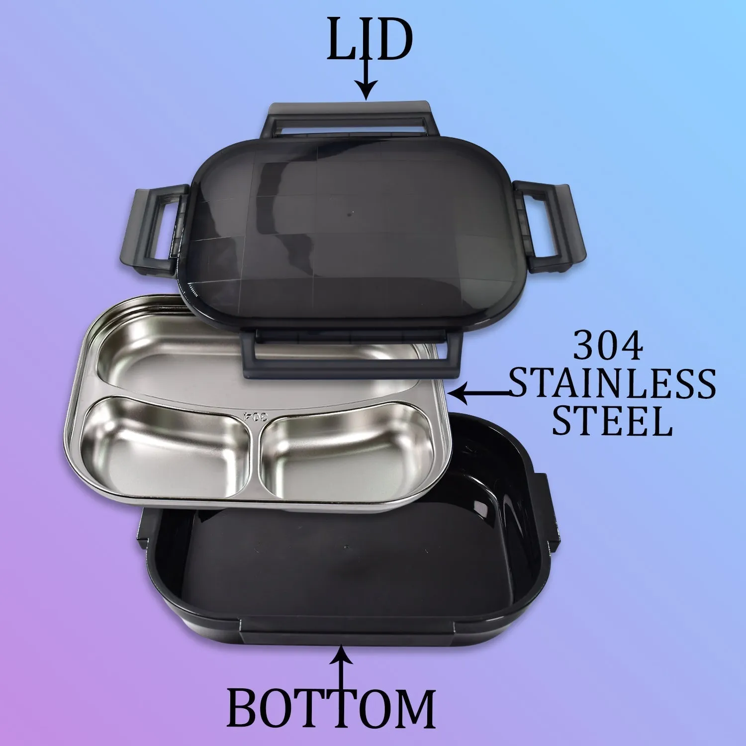 2976 Black Transparent Lunch Box for Kids and adults, Stainless Steel Lunch Box with 3 Compartments.