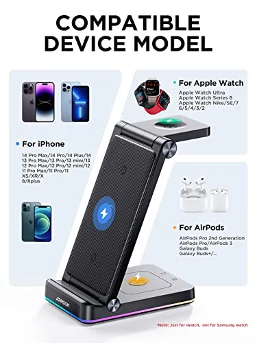 3 in 1 Wireless Charging Station, Fast Wireless Charger Stand for iPhone 16/15/14/13/12 X Pro Max & Apple Watch,[Foldable & Double Coil] Compatible with Apple Watch Ultra 8/7/6/5 Airpods 2/3/Pro