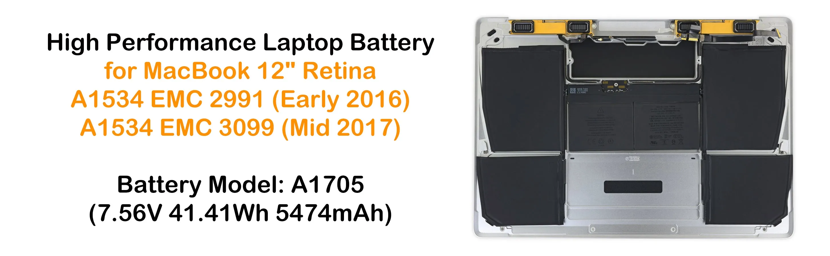 41.41Wh A1705 Battery for Early 2016 Mid 2017 Apple MacBook 12" Retina A1534 EMC 2991 3099 MLH72 MLH82 MLHA2 MMGL2 MMGM2 MNYF2 MNYM2LL/A