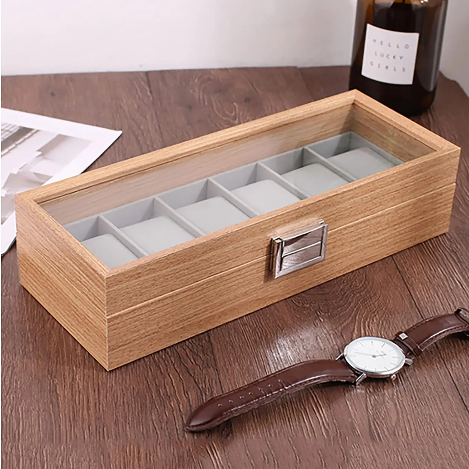 6 Grids Wooden Watch Display Case Holder Box Skw147