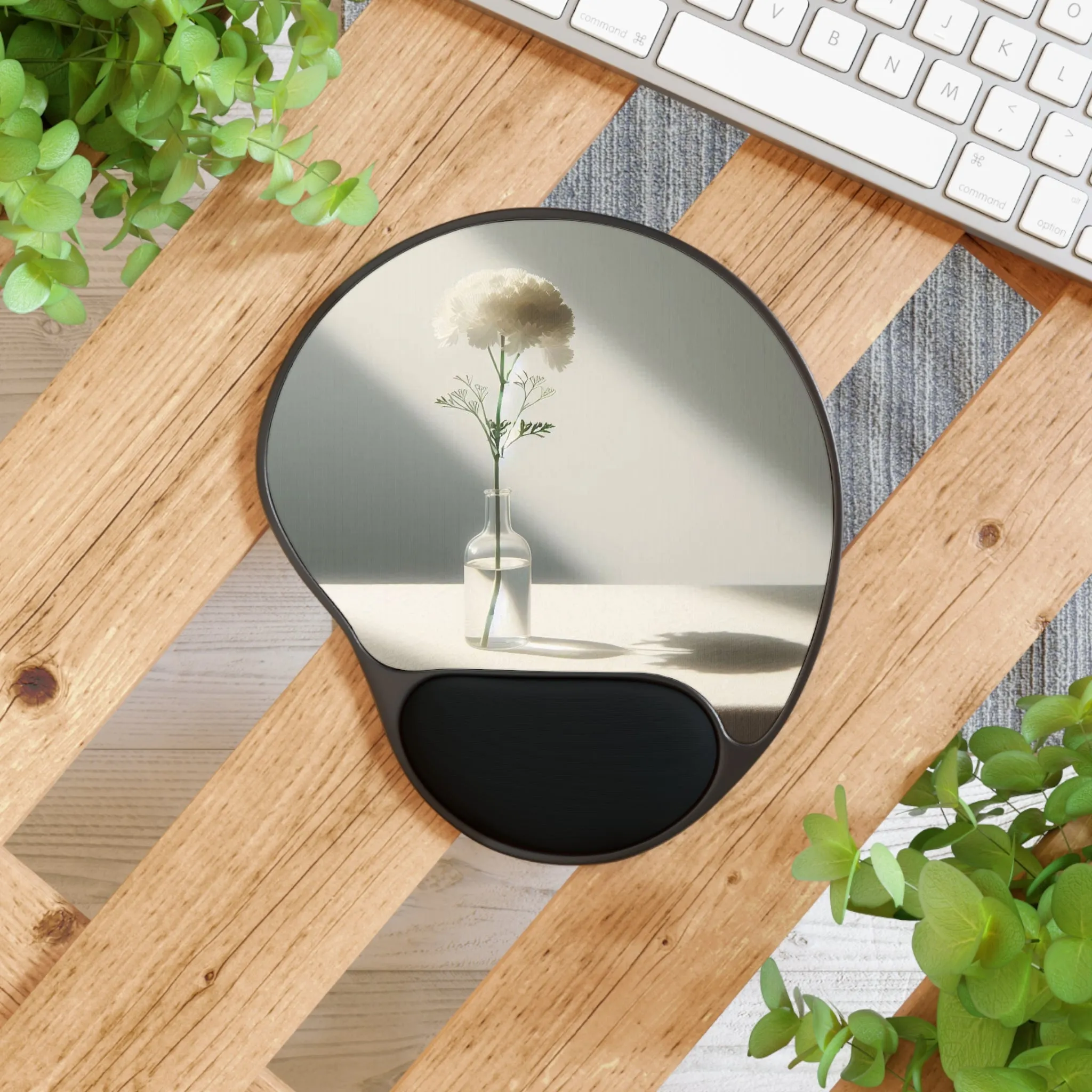 A white flower in a vase Mouse Pad With Wrist Rest