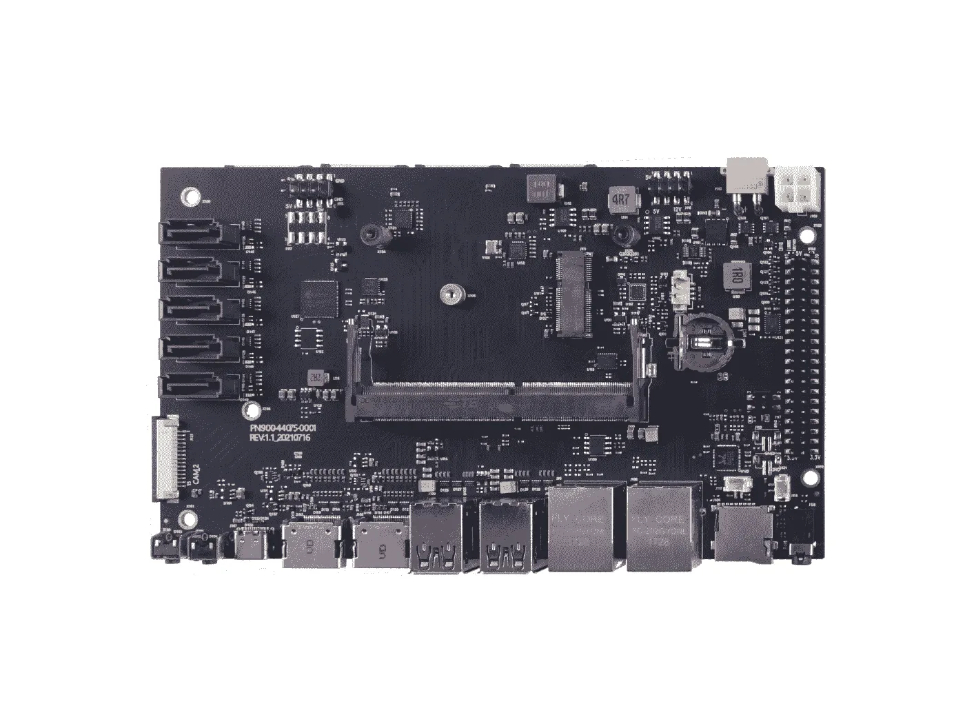 A205 Carrier Board for Jetson Nano/Xavier NX/TX2 NX with compact size and rich ports (6 CSI Camera, 2 HDMI, 5 SATA, M.2 key E supported etc.)