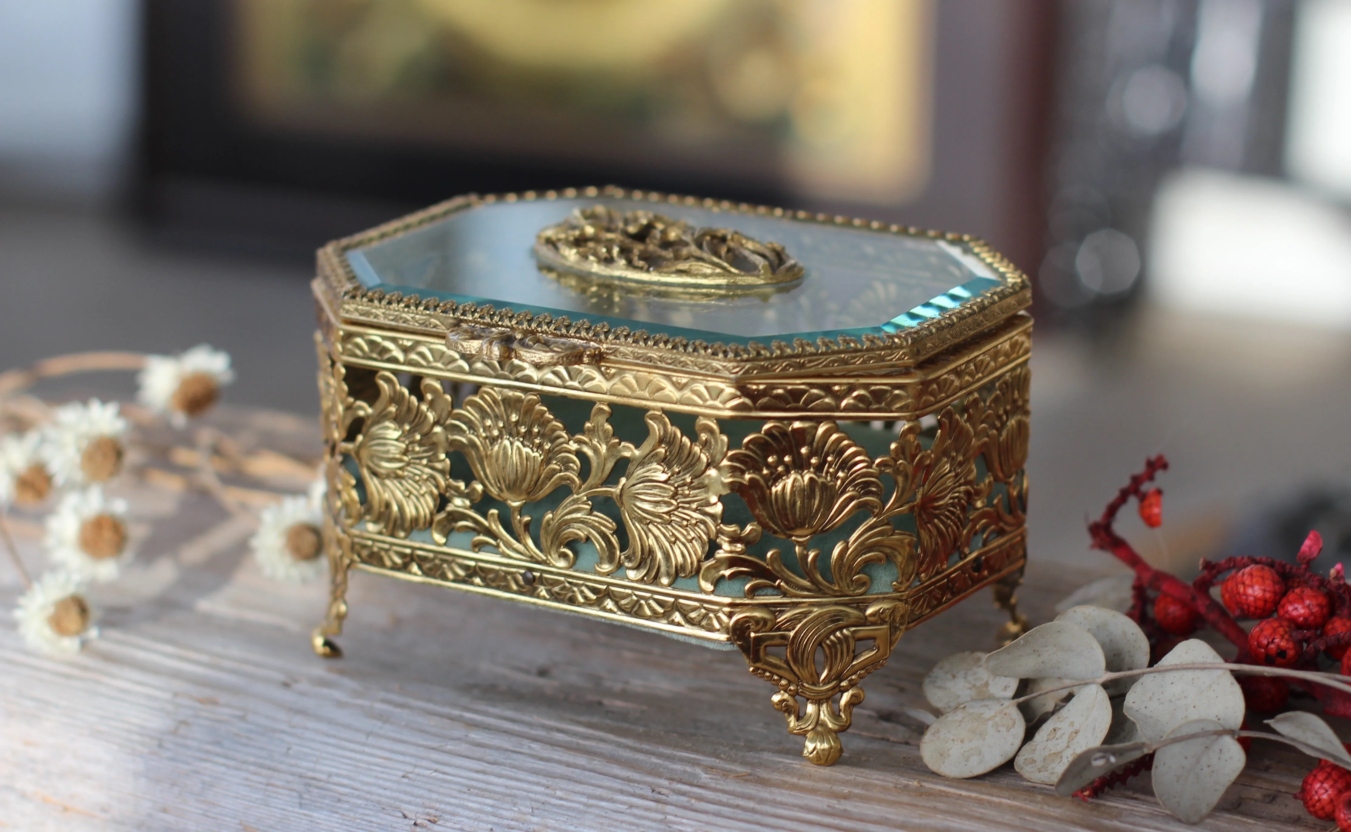 Antique Turquoise Floral Dogwood Jewelry Box