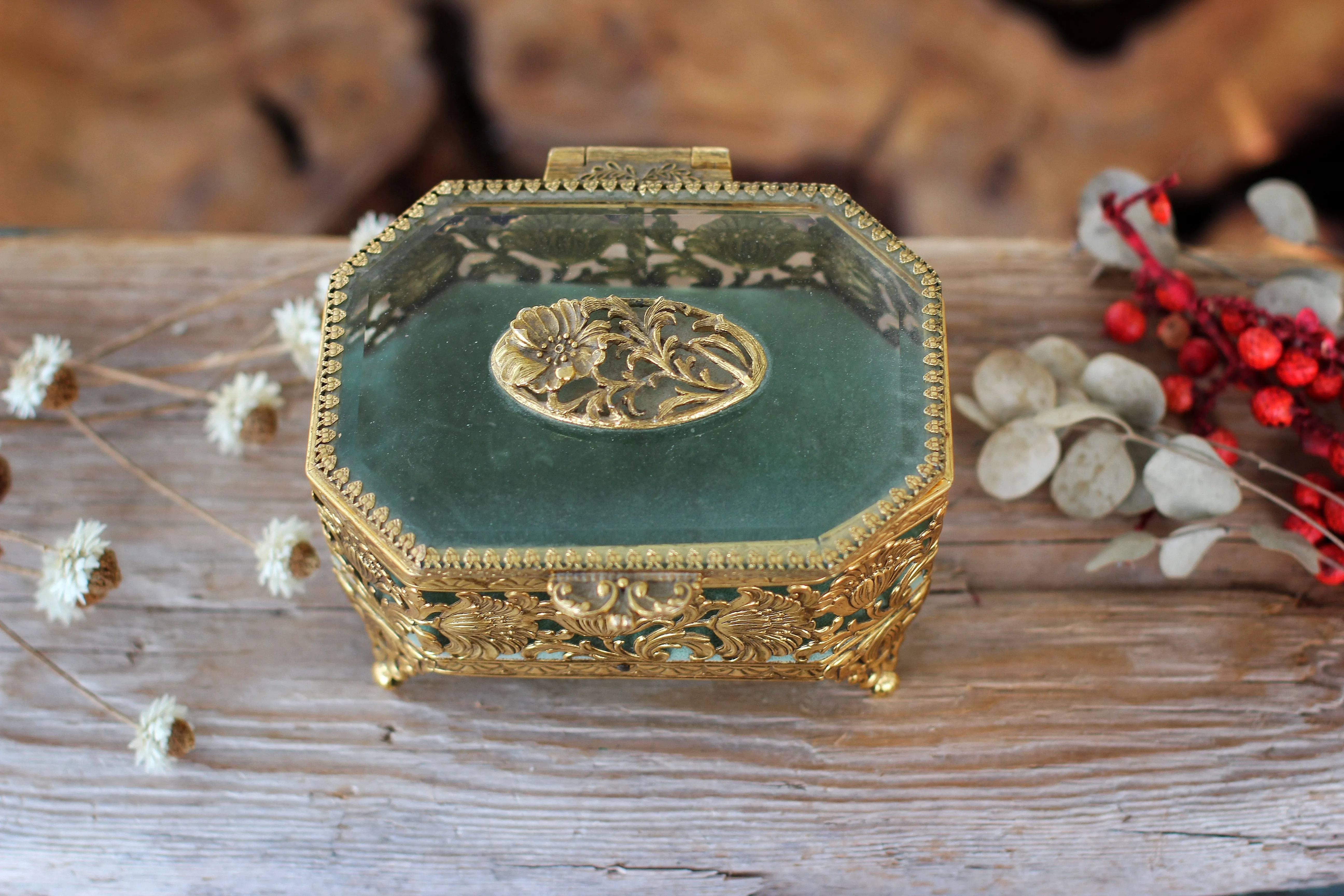 Antique Turquoise Floral Dogwood Jewelry Box