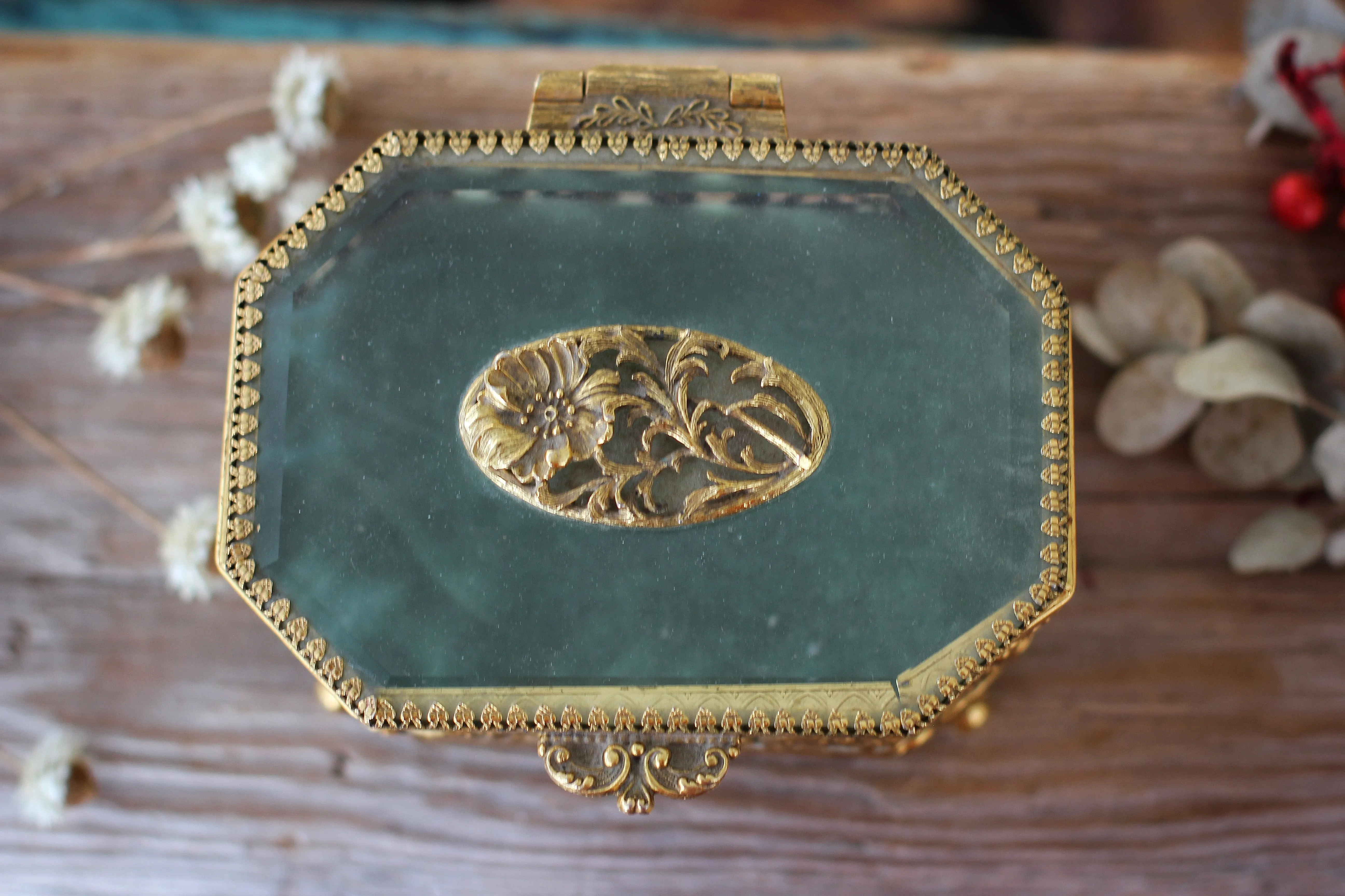 Antique Turquoise Floral Dogwood Jewelry Box