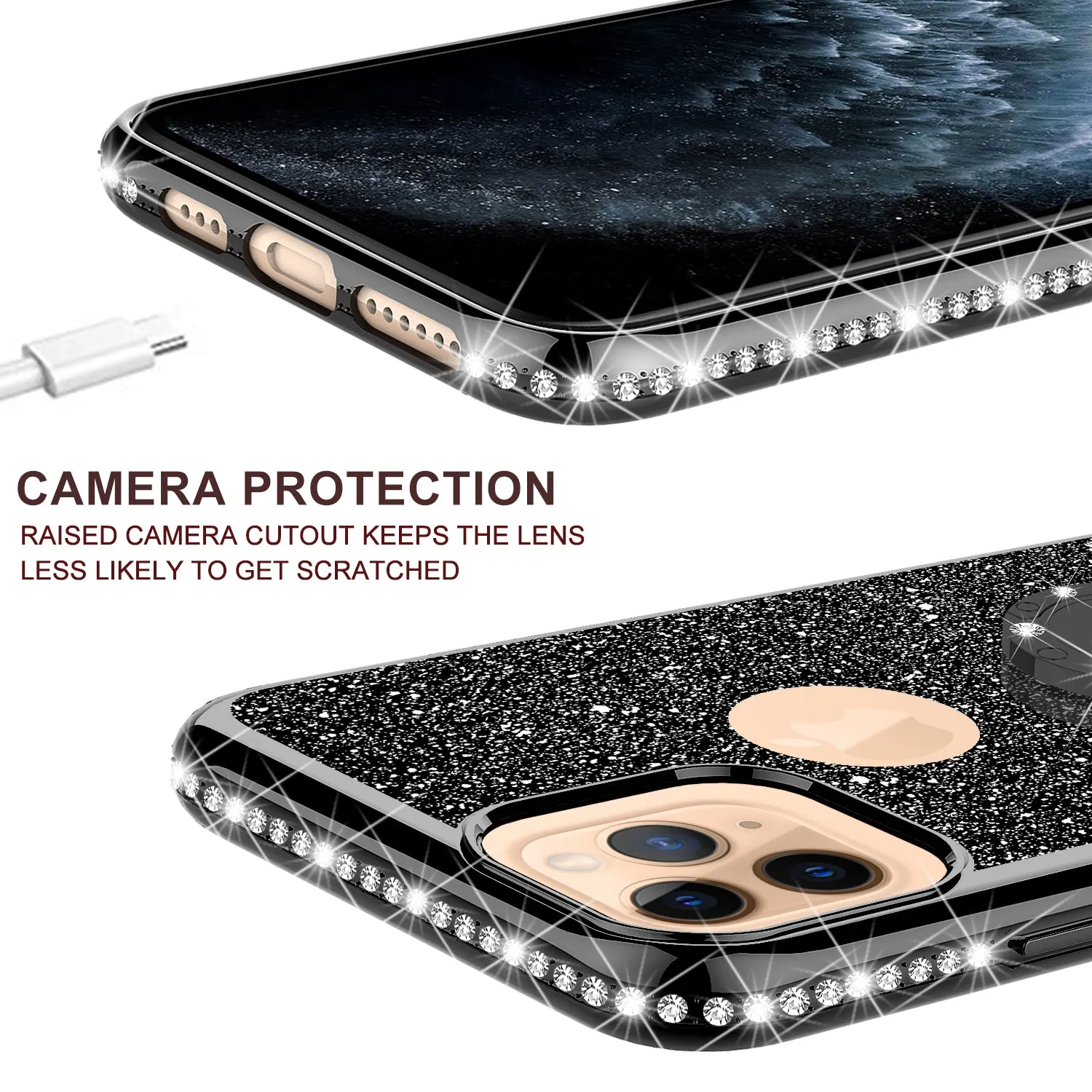 Apple iPhone 11 Case, Glitter Cute Phone Case Girls with Kickstand,Bling Diamond Rhinestone Bumper Ring Stand Sparkly Luxury Clear Thin Soft Protective Apple iPhone 11 Case for Girl Women - Black