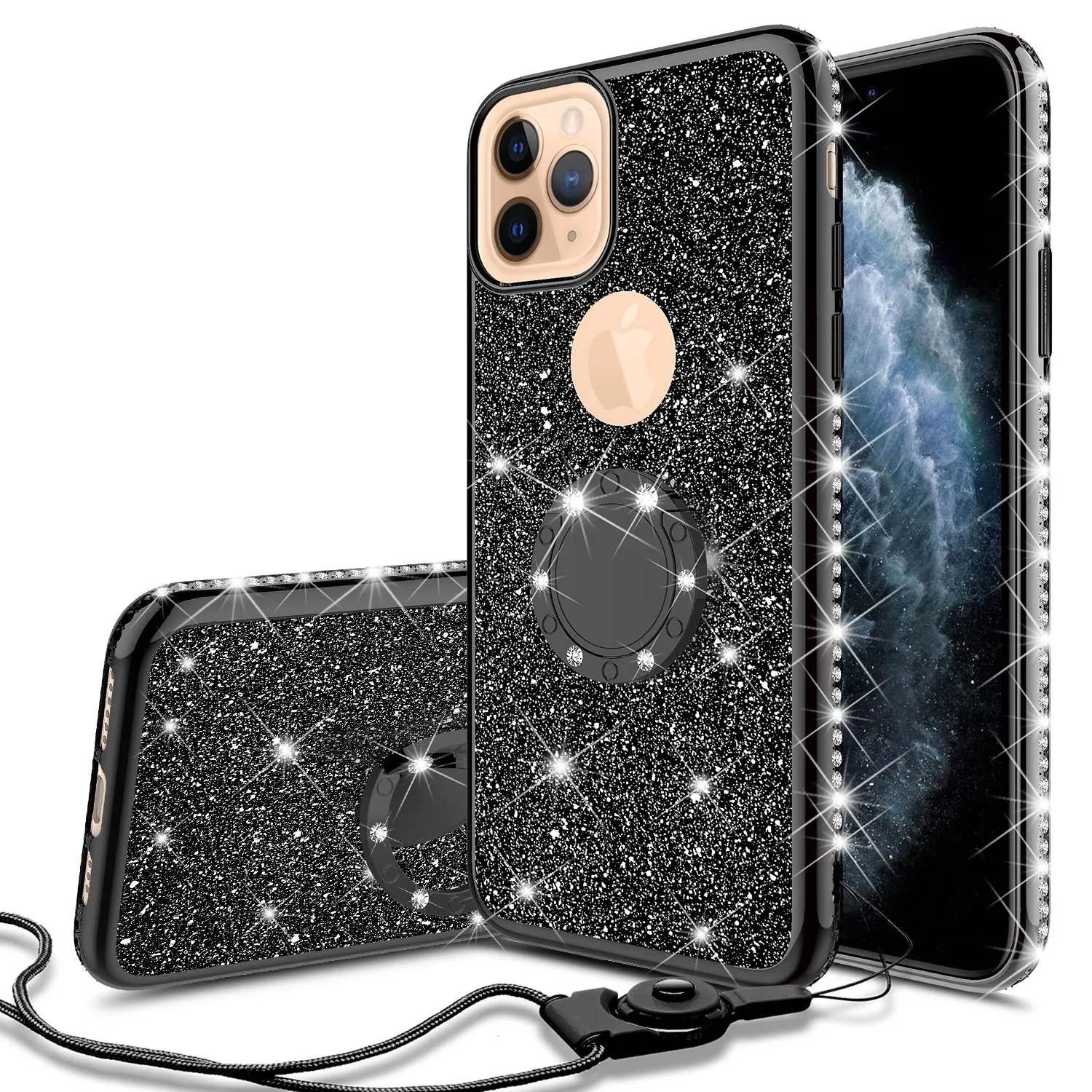 Apple iPhone 11 Case, Glitter Cute Phone Case Girls with Kickstand,Bling Diamond Rhinestone Bumper Ring Stand Sparkly Luxury Clear Thin Soft Protective Apple iPhone 11 Case for Girl Women - Black