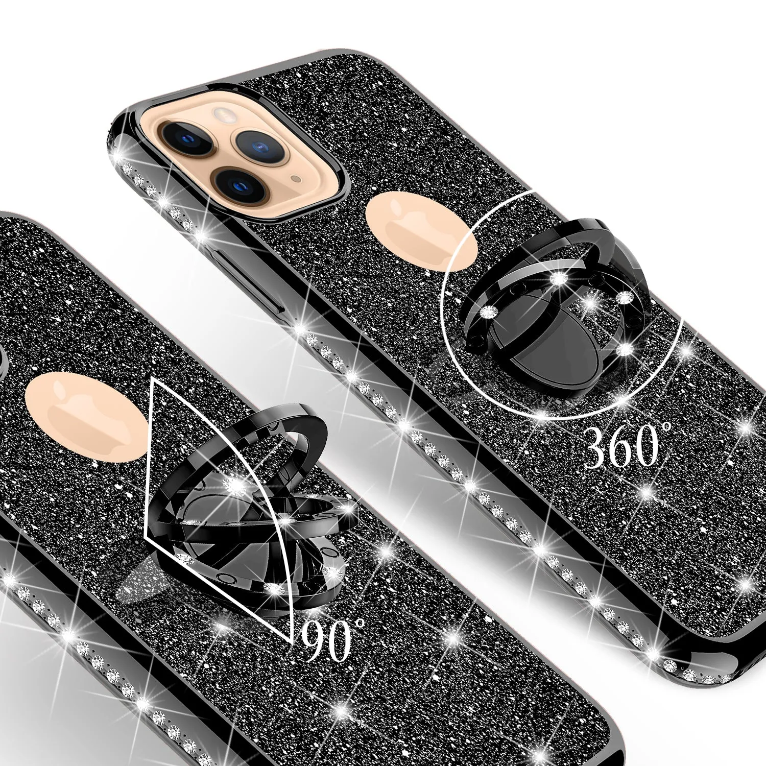 Apple iPhone 11 Case, Glitter Cute Phone Case Girls with Kickstand,Bling Diamond Rhinestone Bumper Ring Stand Sparkly Luxury Clear Thin Soft Protective Apple iPhone 11 Case for Girl Women - Black