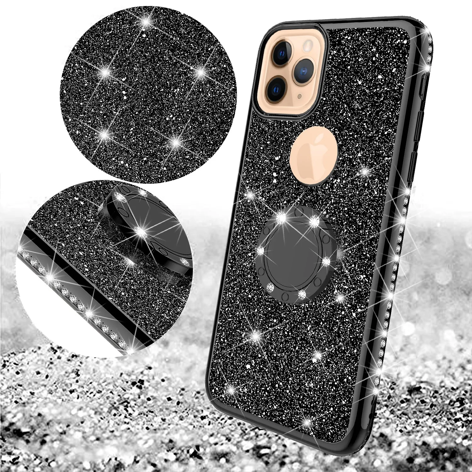 Apple iPhone 11 Case, Glitter Cute Phone Case Girls with Kickstand,Bling Diamond Rhinestone Bumper Ring Stand Sparkly Luxury Clear Thin Soft Protective Apple iPhone 11 Case for Girl Women - Black