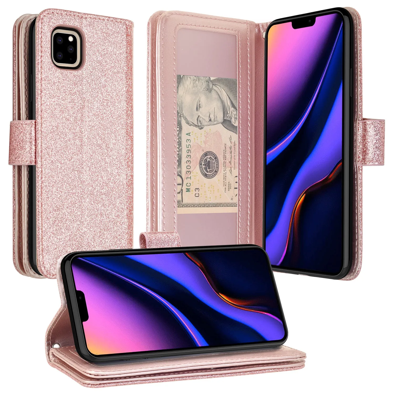 Apple iPhone 11 Case, iPhone 11 Case, Glitter Faux Leather Flip Credit Card Holder Wrist Strap Shockproof Protective Wallet Case Clutch for iPhone 11 - Rose Gold