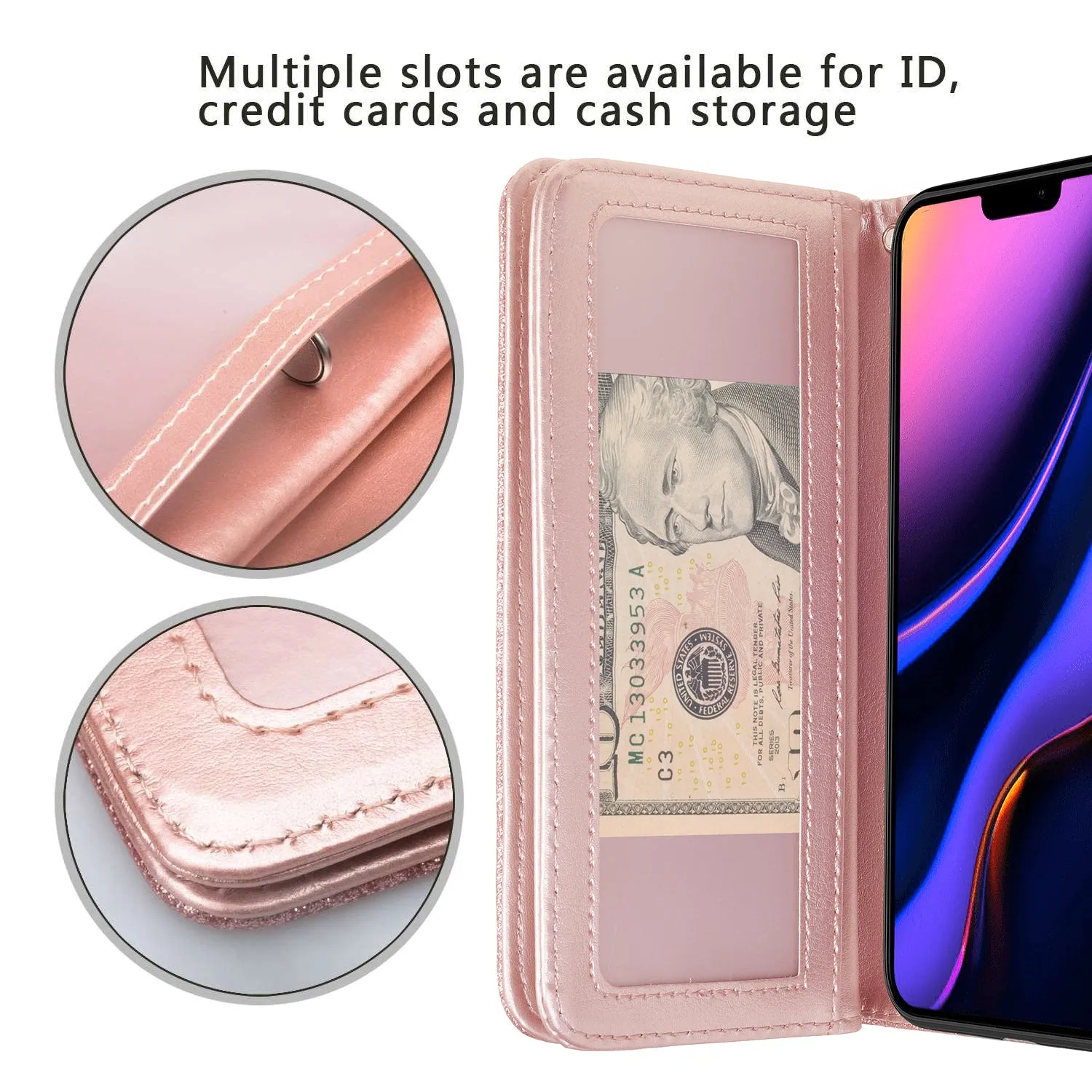 Apple iPhone 11 Case, iPhone 11 Case, Glitter Faux Leather Flip Credit Card Holder Wrist Strap Shockproof Protective Wallet Case Clutch for iPhone 11 - Rose Gold