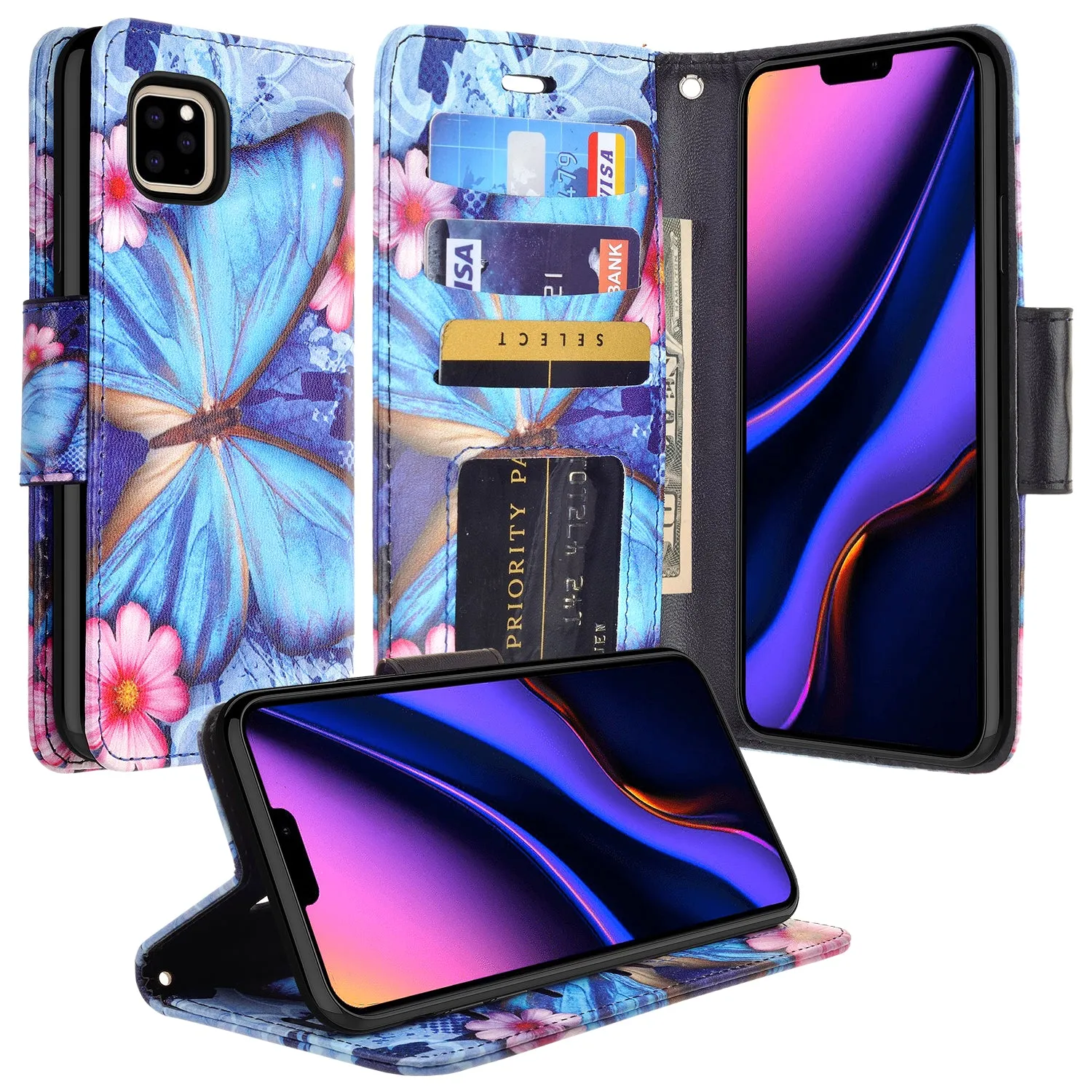 Apple iPhone 11 Pro Max Case, iPhone 11 Pro Max Wallet Case, Wrist Strap Pu Leather Wallet Case [Kickstand] with ID & Credit Card Slots - Blue Butterfly