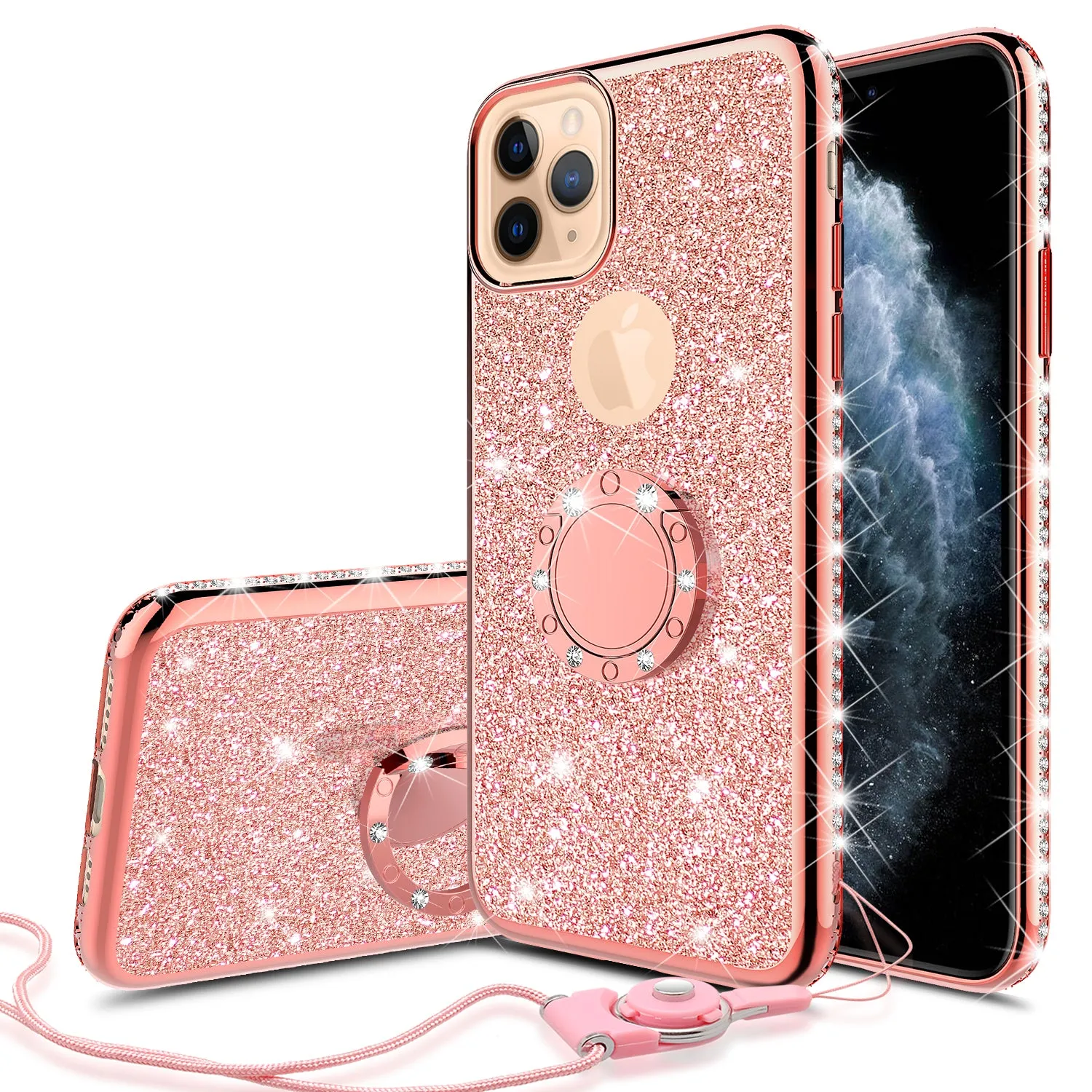 Apple iPhone 12 Pro Case, Glitter Cute Phone Case Girls with Kickstand,Bling Diamond Rhinestone Bumper Ring Stand Sparkly Luxury Clear Thin Soft Protective Apple iPhone 12 Pro Case for Girl Women - Rose Gold