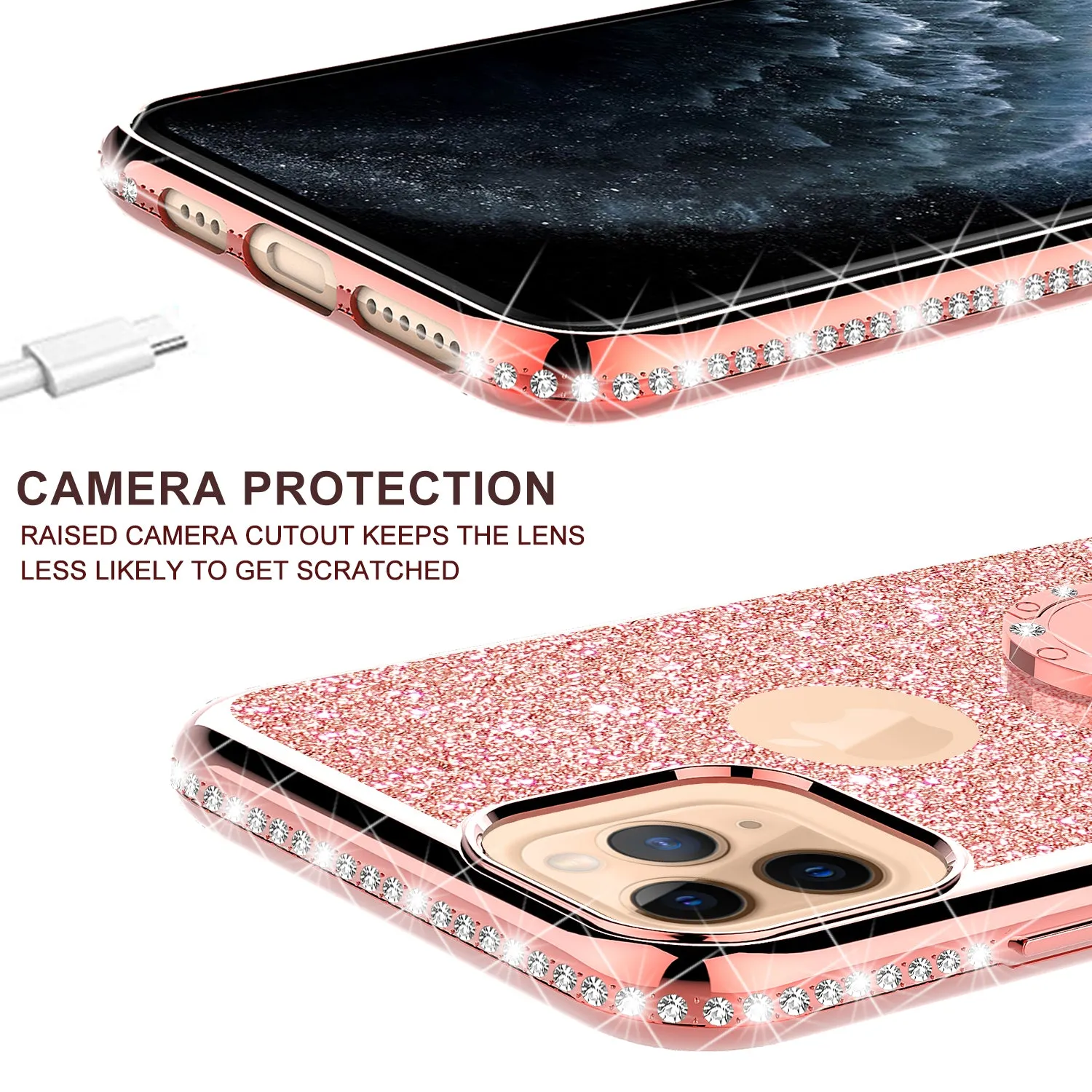 Apple iPhone 12 Pro Case, Glitter Cute Phone Case Girls with Kickstand,Bling Diamond Rhinestone Bumper Ring Stand Sparkly Luxury Clear Thin Soft Protective Apple iPhone 12 Pro Case for Girl Women - Rose Gold