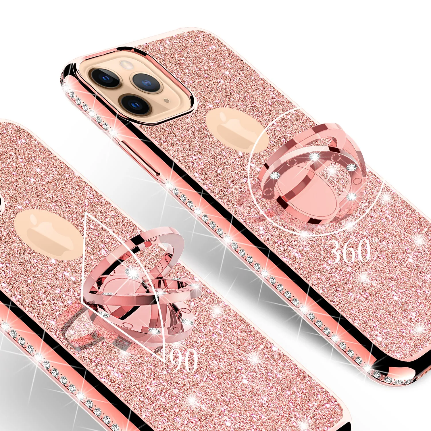 Apple iPhone 12 Pro Case, Glitter Cute Phone Case Girls with Kickstand,Bling Diamond Rhinestone Bumper Ring Stand Sparkly Luxury Clear Thin Soft Protective Apple iPhone 12 Pro Case for Girl Women - Rose Gold