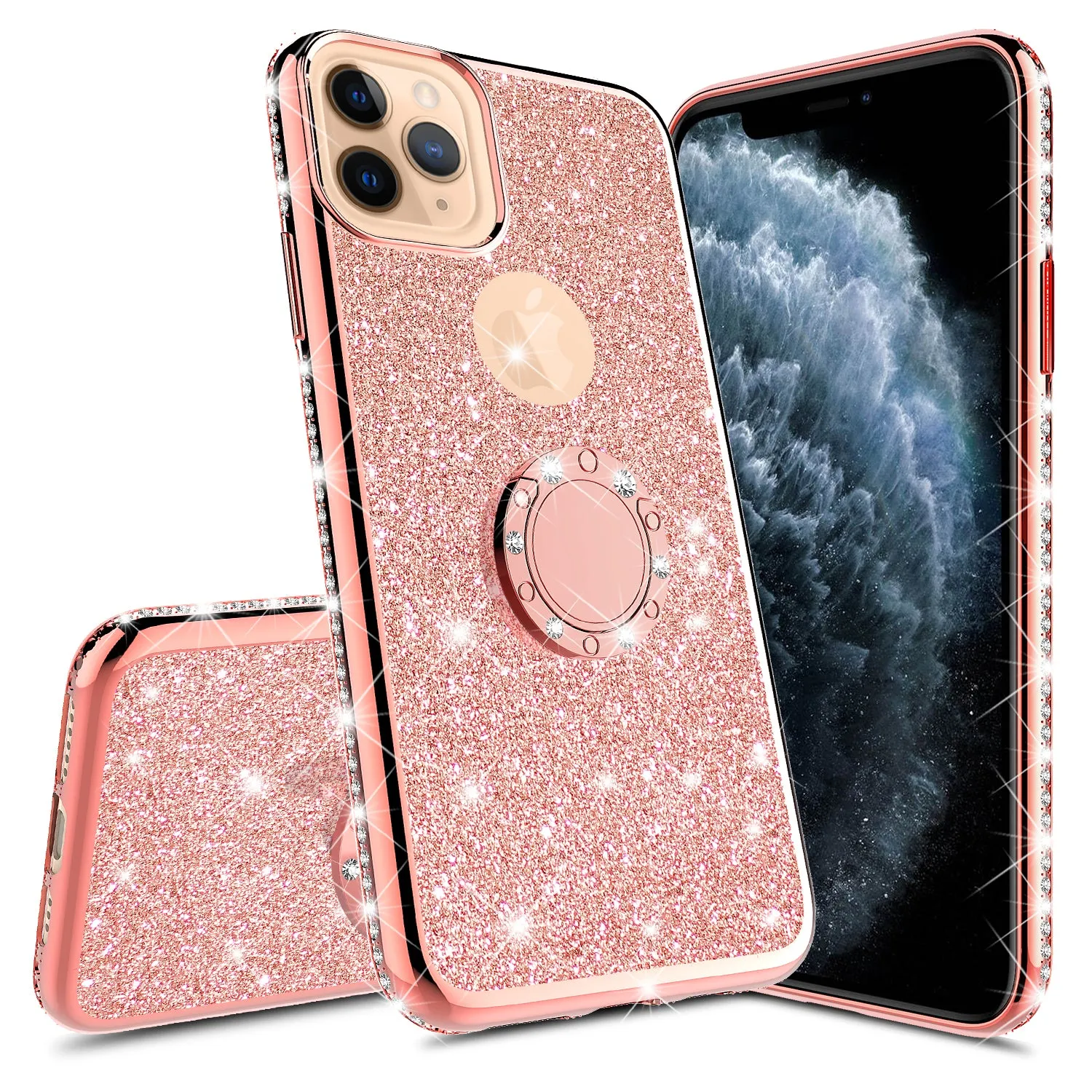 Apple iPhone 12 Pro Case, Glitter Cute Phone Case Girls with Kickstand,Bling Diamond Rhinestone Bumper Ring Stand Sparkly Luxury Clear Thin Soft Protective Apple iPhone 12 Pro Case for Girl Women - Rose Gold