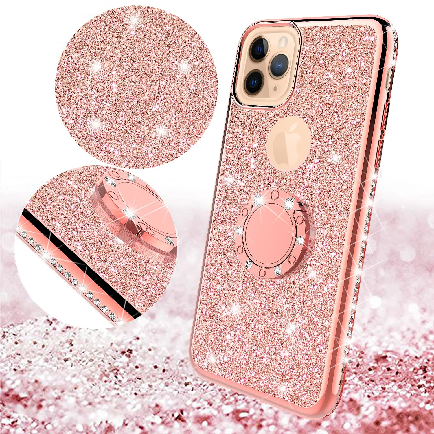 Apple iPhone 12 Pro Case, Glitter Cute Phone Case Girls with Kickstand,Bling Diamond Rhinestone Bumper Ring Stand Sparkly Luxury Clear Thin Soft Protective Apple iPhone 12 Pro Case for Girl Women - Rose Gold