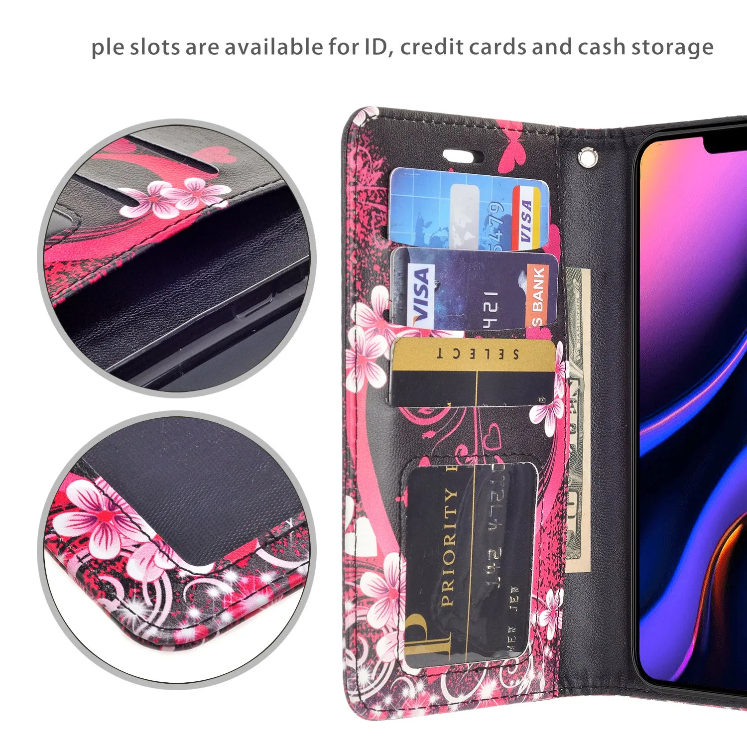 Apple iPhone 12 Pro Max Case, iPhone 12 Pro Max Wallet Case, Wrist Strap Pu Leather Wallet Case [Kickstand] with ID & Credit Card Slots - Heart Butterflies