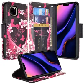 Apple iPhone 12 Pro Max Case, iPhone 12 Pro Max Wallet Case, Wrist Strap Pu Leather Wallet Case [Kickstand] with ID & Credit Card Slots - Heart Butterflies