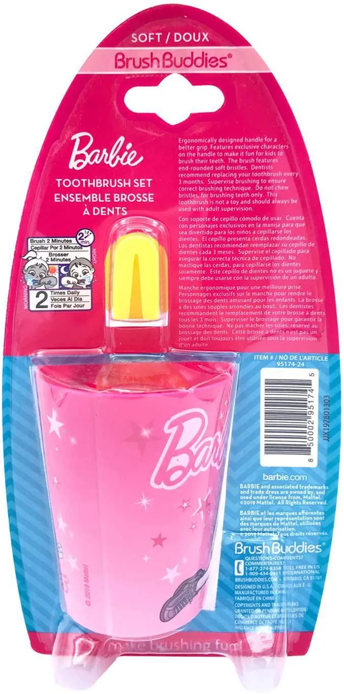 Barbie Premium Kids Soft Bristle Toothbrush Kit - Manual Toothbrush, Cover Cap, Rinsing Cup - Perfect Gifts for Girls