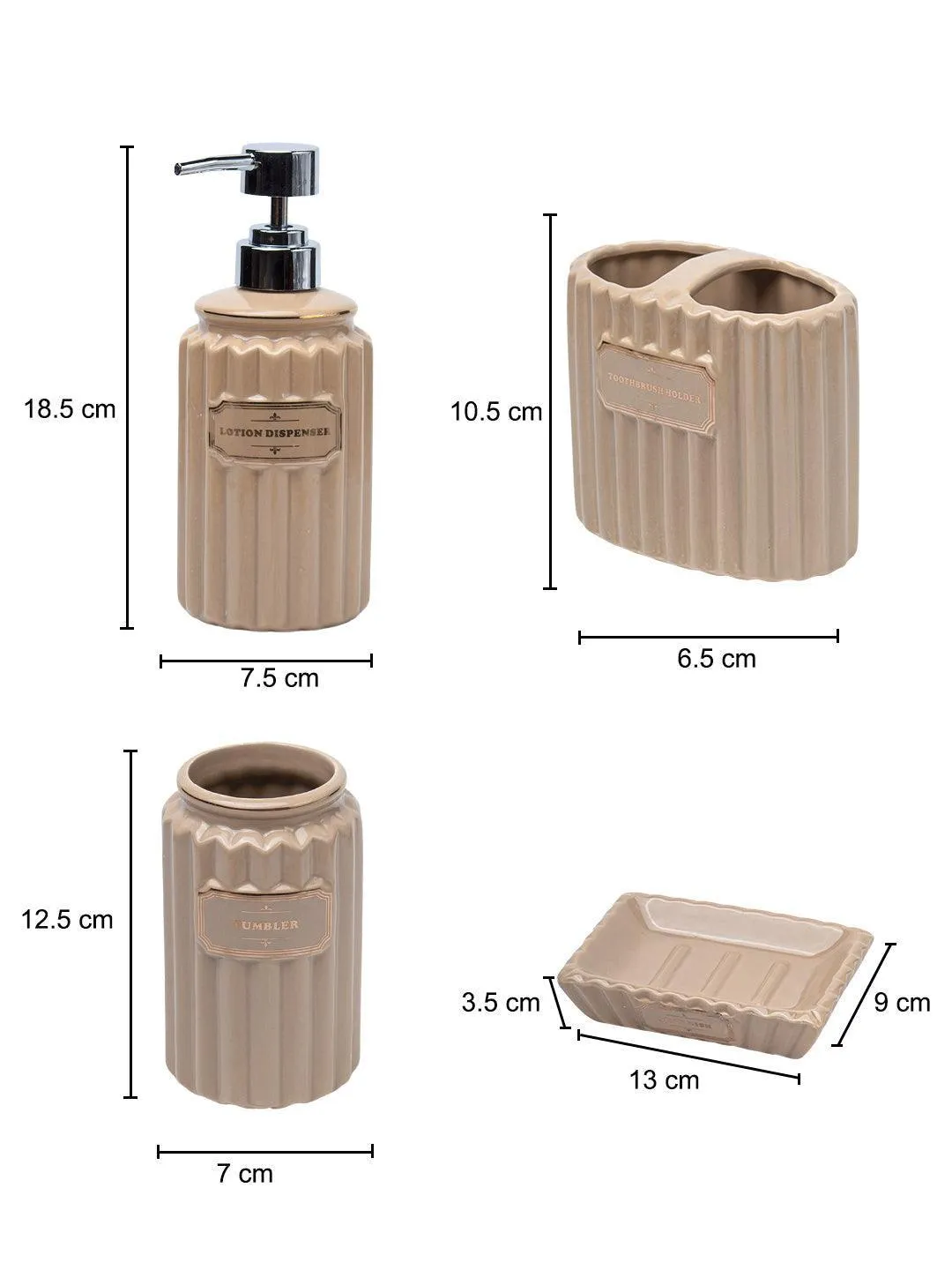 Beige Ceramic Bathroom Set Of 4 - Ribbed Design, Bath Accessories