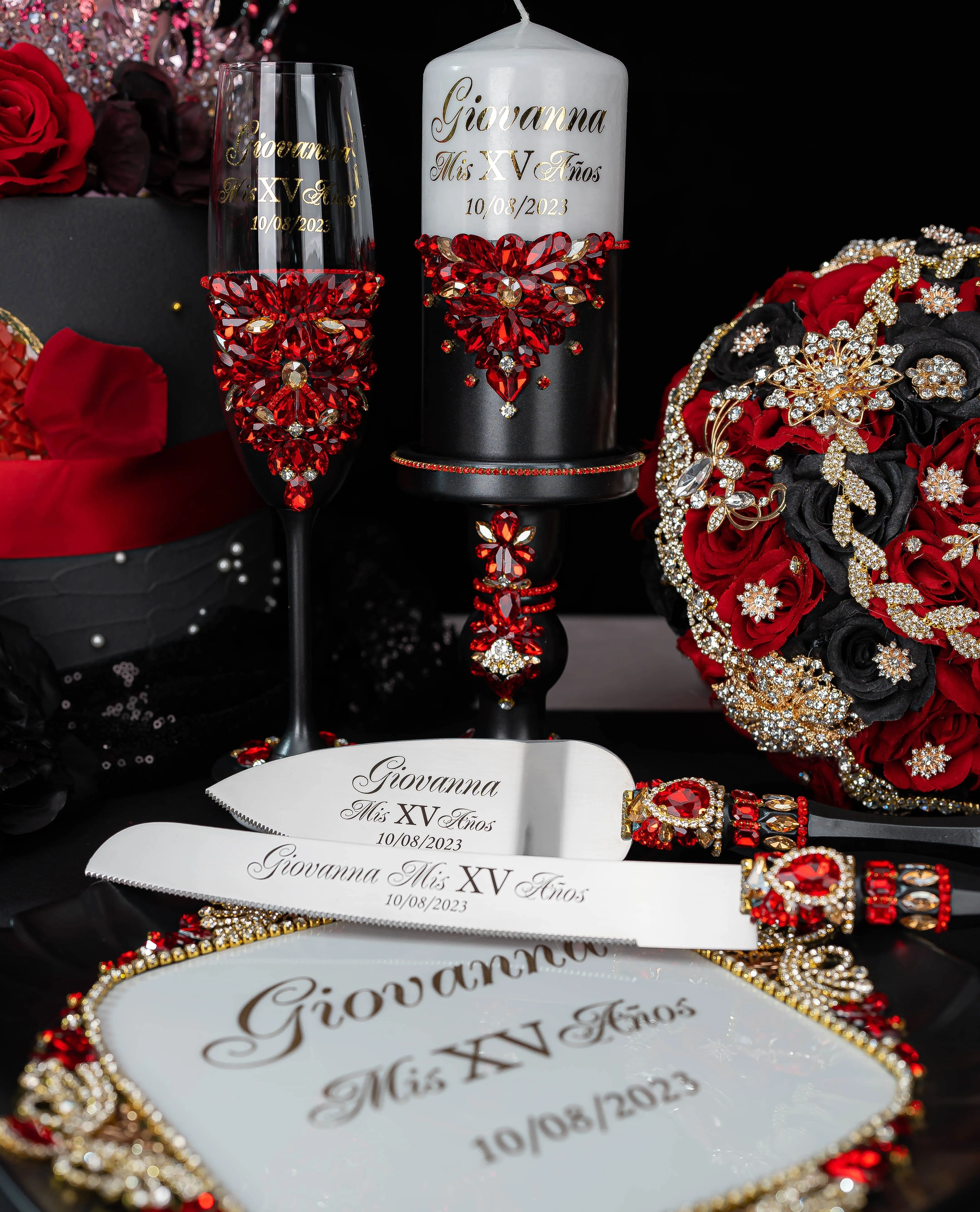 Black with Red quinceanera cake knife and server