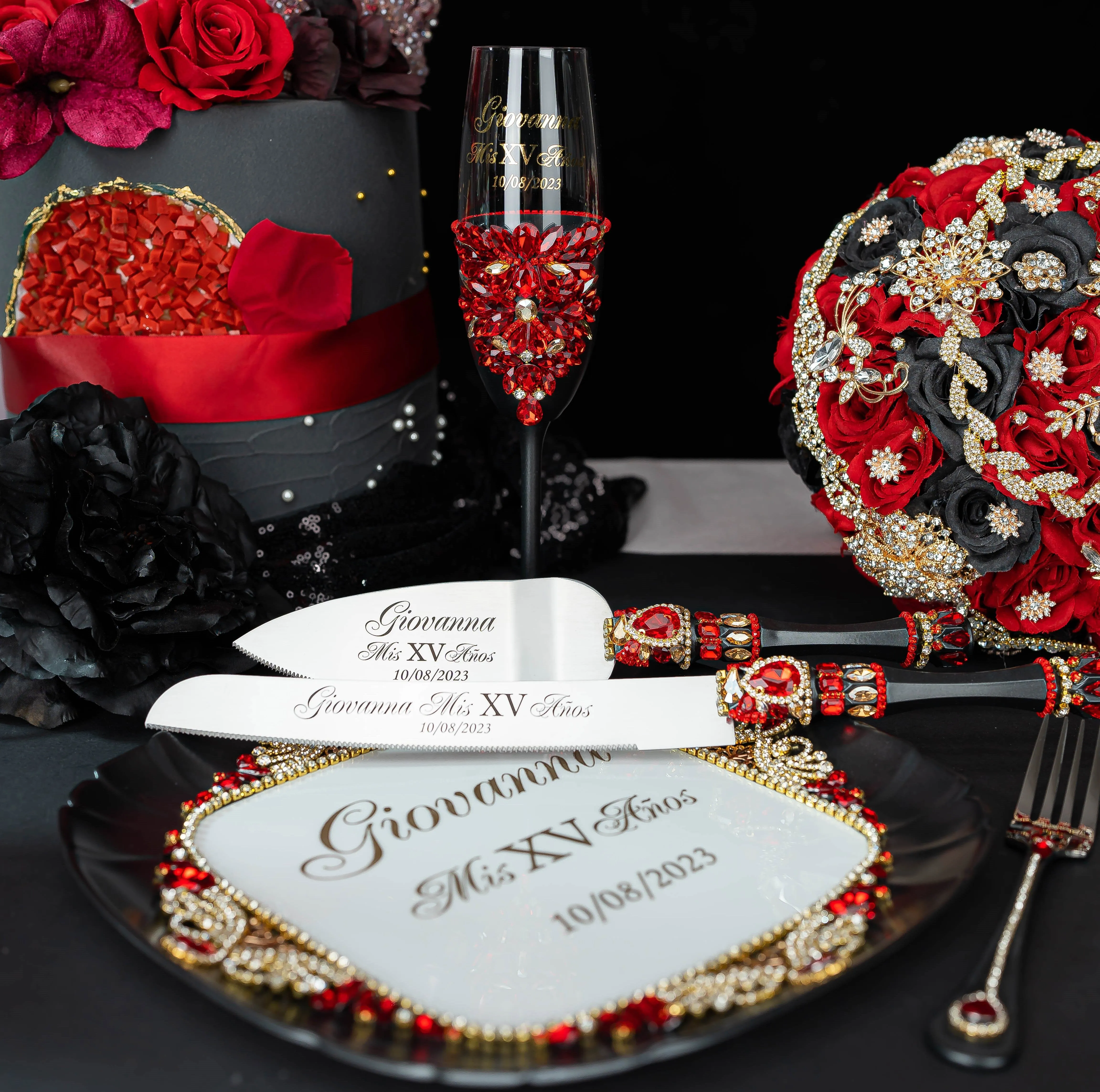 Black with Red quinceanera cake knife and server