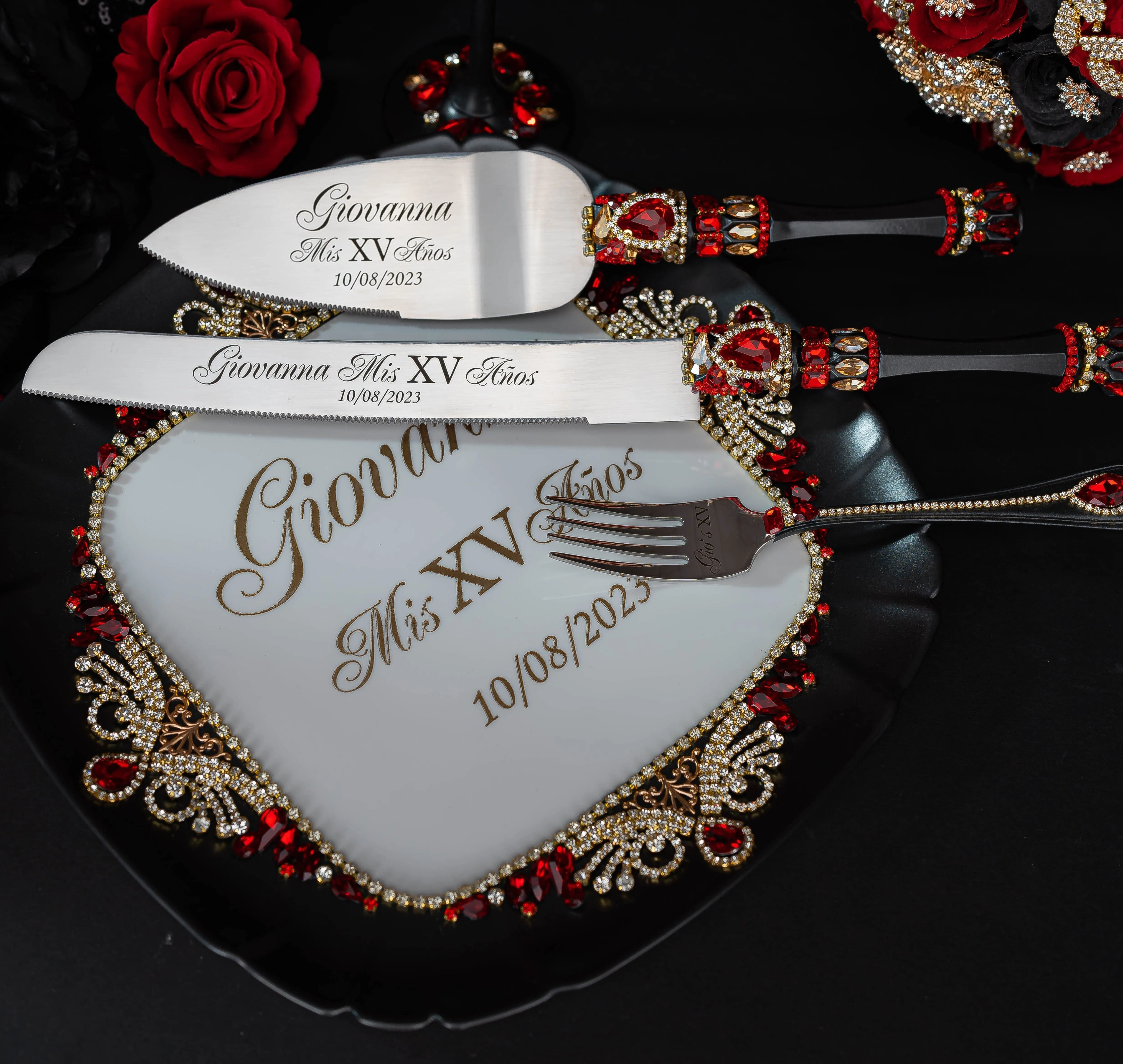 Black with Red quinceanera cake knife and server