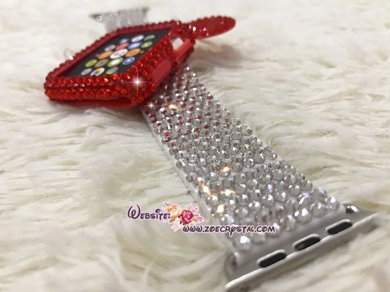 Bling Apple Watch Red Swarovski Crystal Case / Protector / Cover with a White/Black Rhinestone iWatch Band / Strap