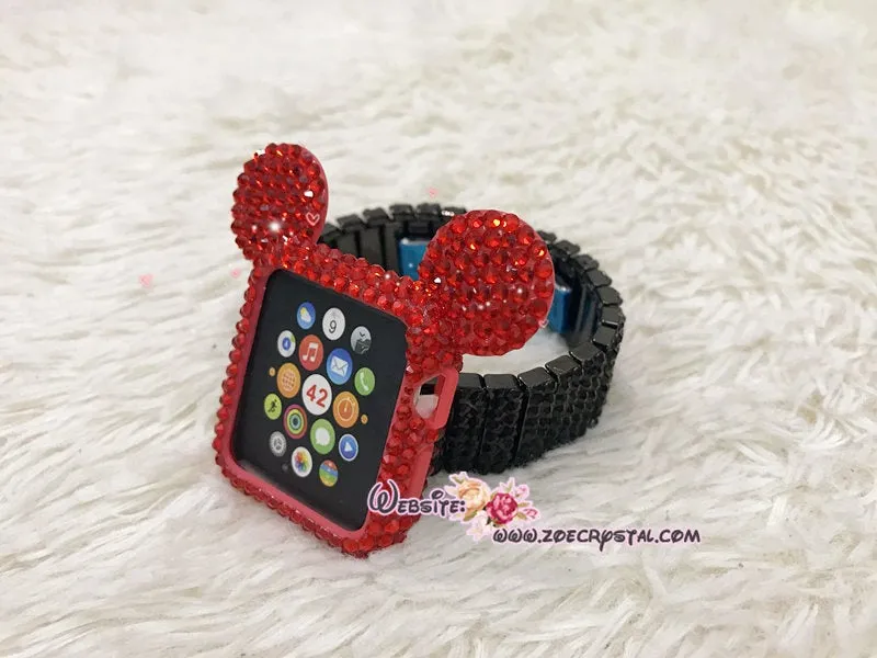 Bling Apple Watch Red Swarovski Crystal Case / Protector / Cover with a White/Black Rhinestone iWatch Band / Strap