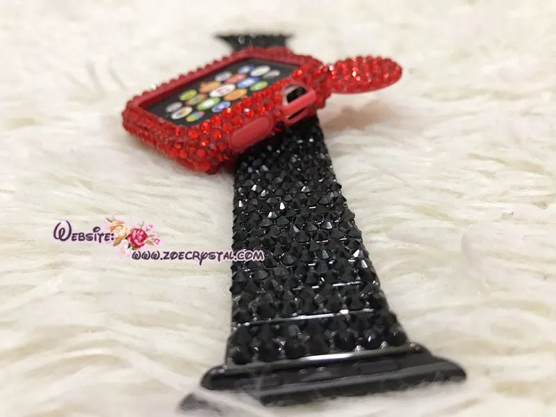 Bling Apple Watch Red Swarovski Crystal Case / Protector / Cover with a White/Black Rhinestone iWatch Band / Strap