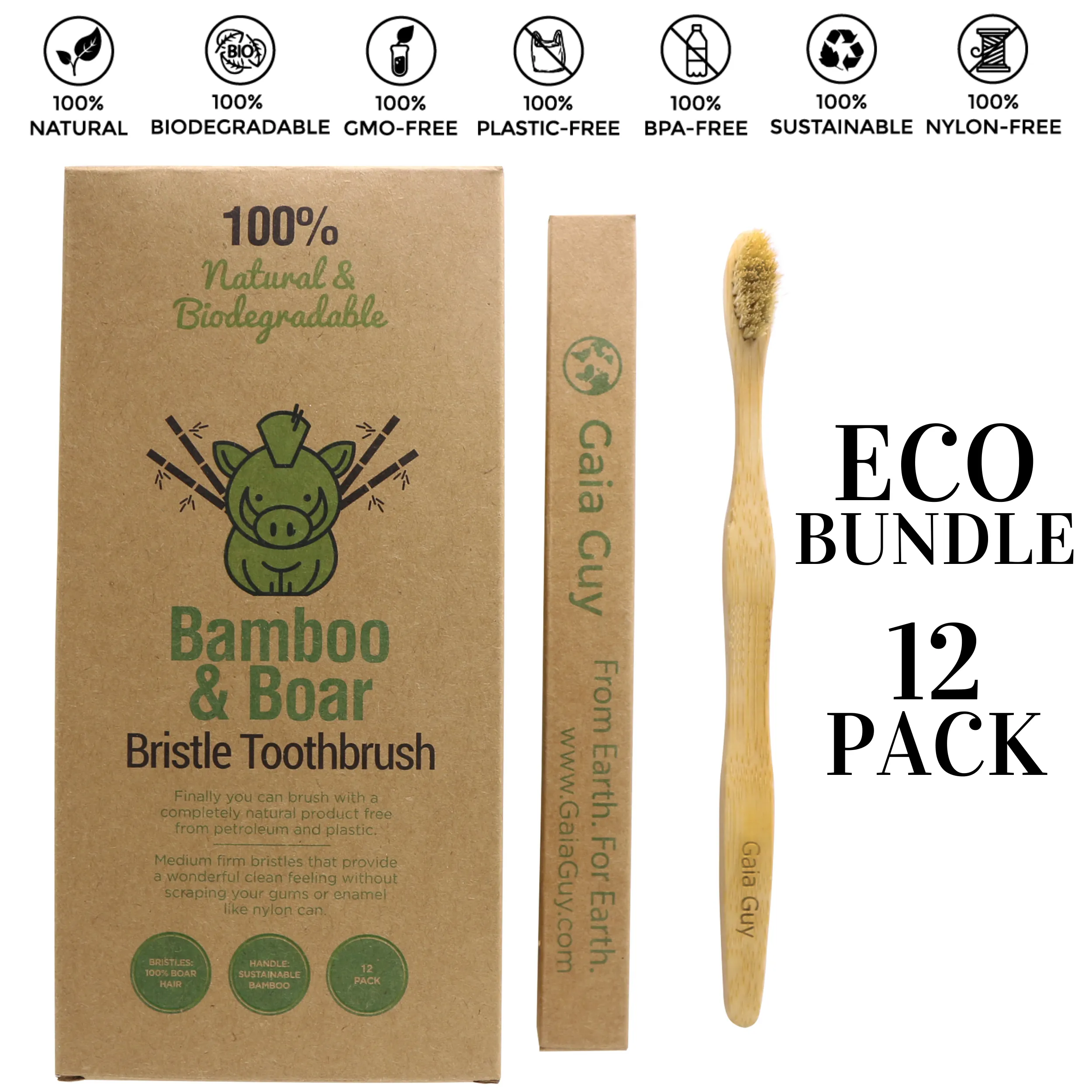 Boar Bristle Bamboo Toothbrush - Totally Biodegradable No Nylon Toothbrushes - Zero Waste  12-Pack