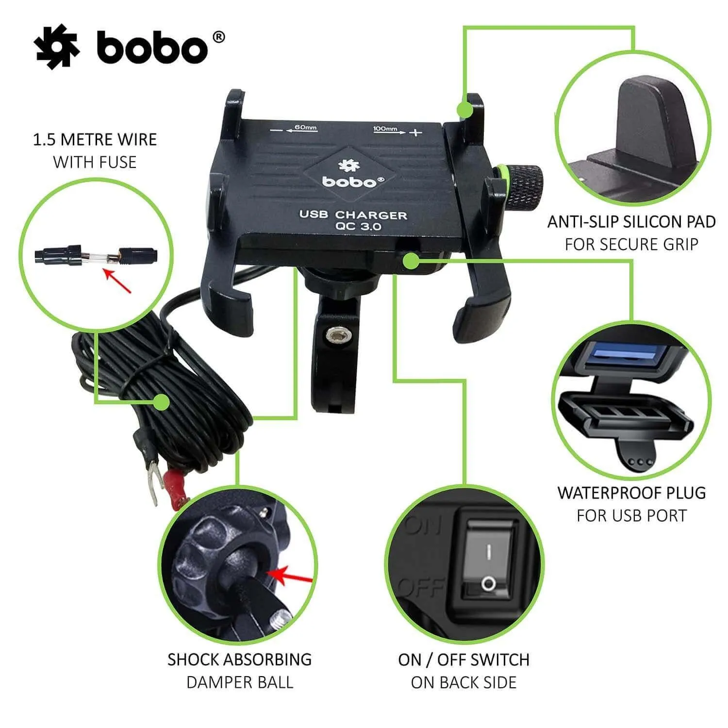 Bobo Claw Grip Aluminium Bike Phone Holder (With Fast USB 3.0 Charger) Motorcycle Mobile Mount BM 5