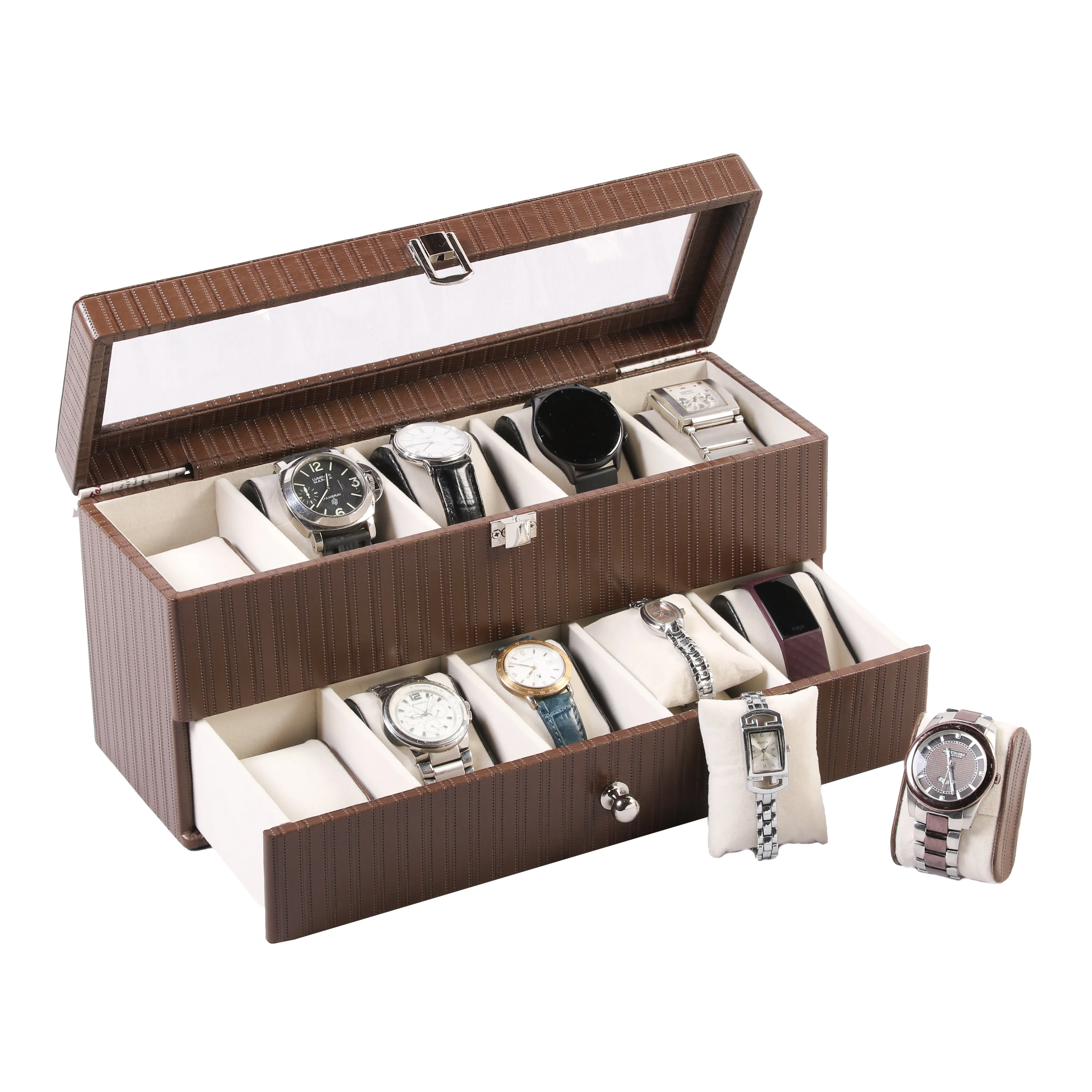 Bronx II Leather Watch Box | 100% Genuine Leather | Can Hold 10 Watches | Acrylic Glass Top | Color: Stitch Cherry, Brown & Black