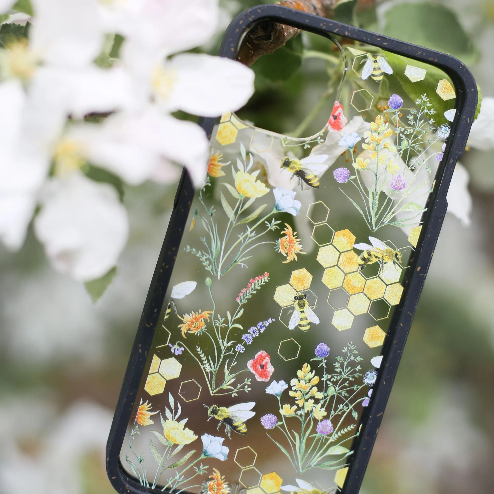 Clear Sweet Bees iPhone 14 Plus Case With Black Ridge