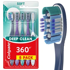 Colgate 360° Manual Toothbrush with Tongue and Cheek Cleaner, Soft, 5 Count