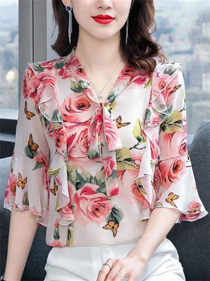 Comfy Floral Printed Lace-up Chiffon Shirts