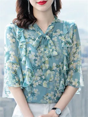 Comfy Floral Printed Lace-up Chiffon Shirts