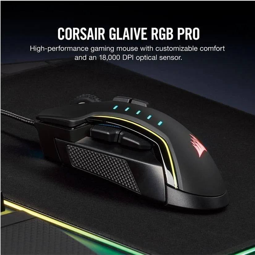 Corsair Mouse Glaive RGB Pro Comfort FPS/MOBA Gaming Mouse with Interchangeable Grips. Black, Backlit RGB LED, 18000 dpi, Optical