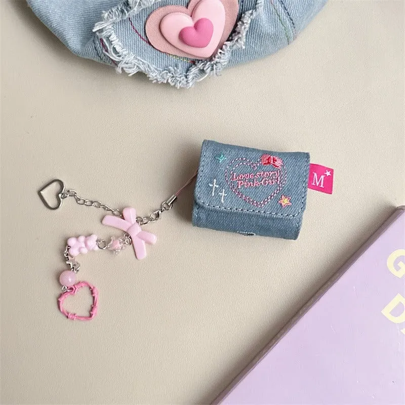 Cute Heart Denim AirPods Earphone Case With Accessories