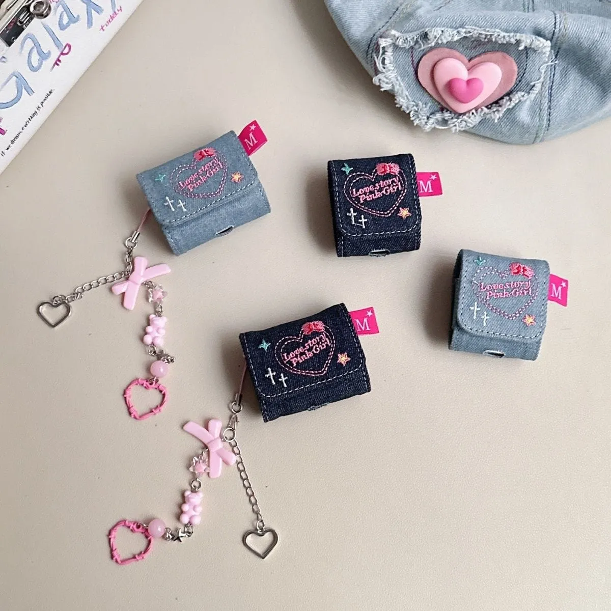 Cute Heart Denim AirPods Earphone Case With Accessories