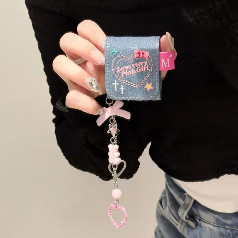 Cute Heart Denim AirPods Earphone Case With Accessories