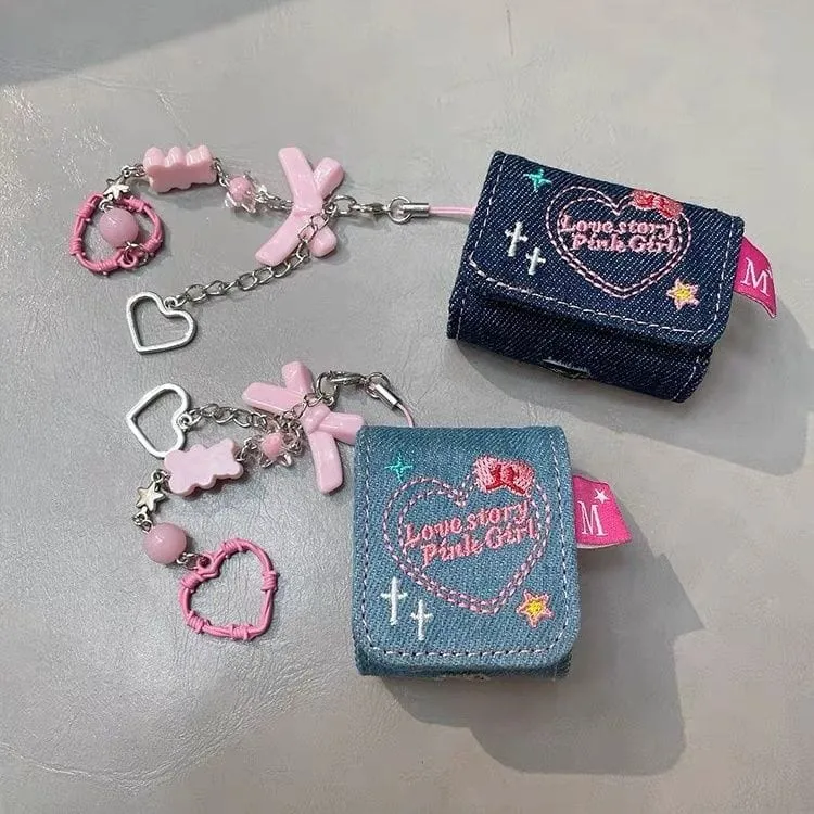 Cute Heart Denim AirPods Earphone Case With Accessories