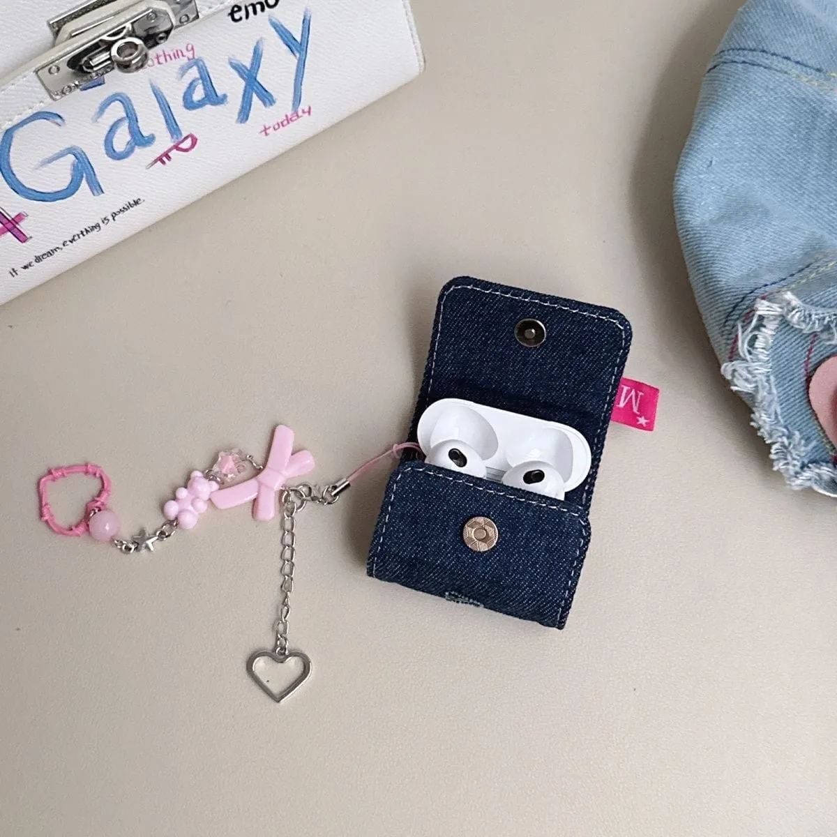 Cute Heart Denim AirPods Earphone Case With Accessories