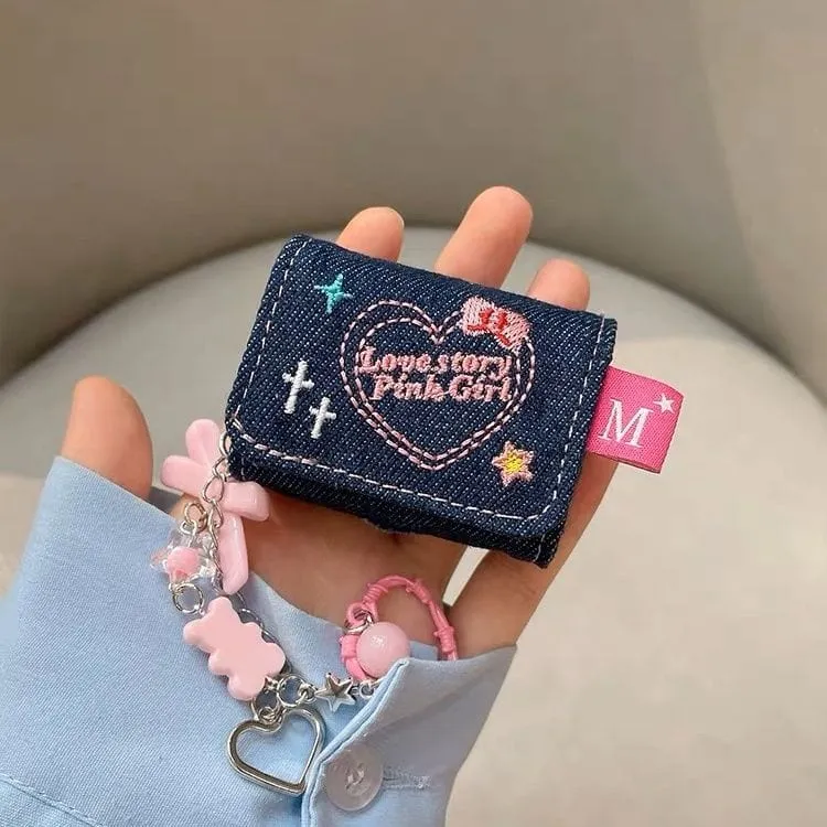 Cute Heart Denim AirPods Earphone Case With Accessories