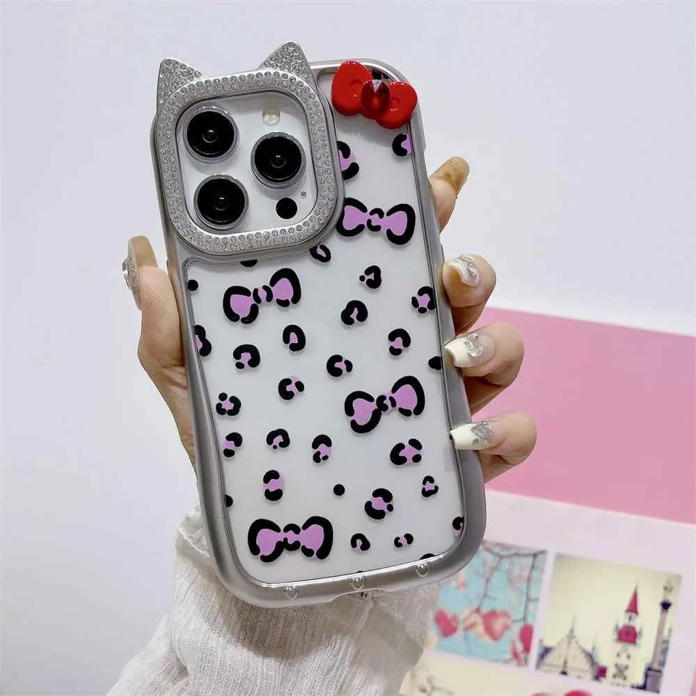 Cute Phone Cases: Leopard Bowknot Cat Ear Silver Case for iPhone 15/14/13/12 Pro Max - TSP313