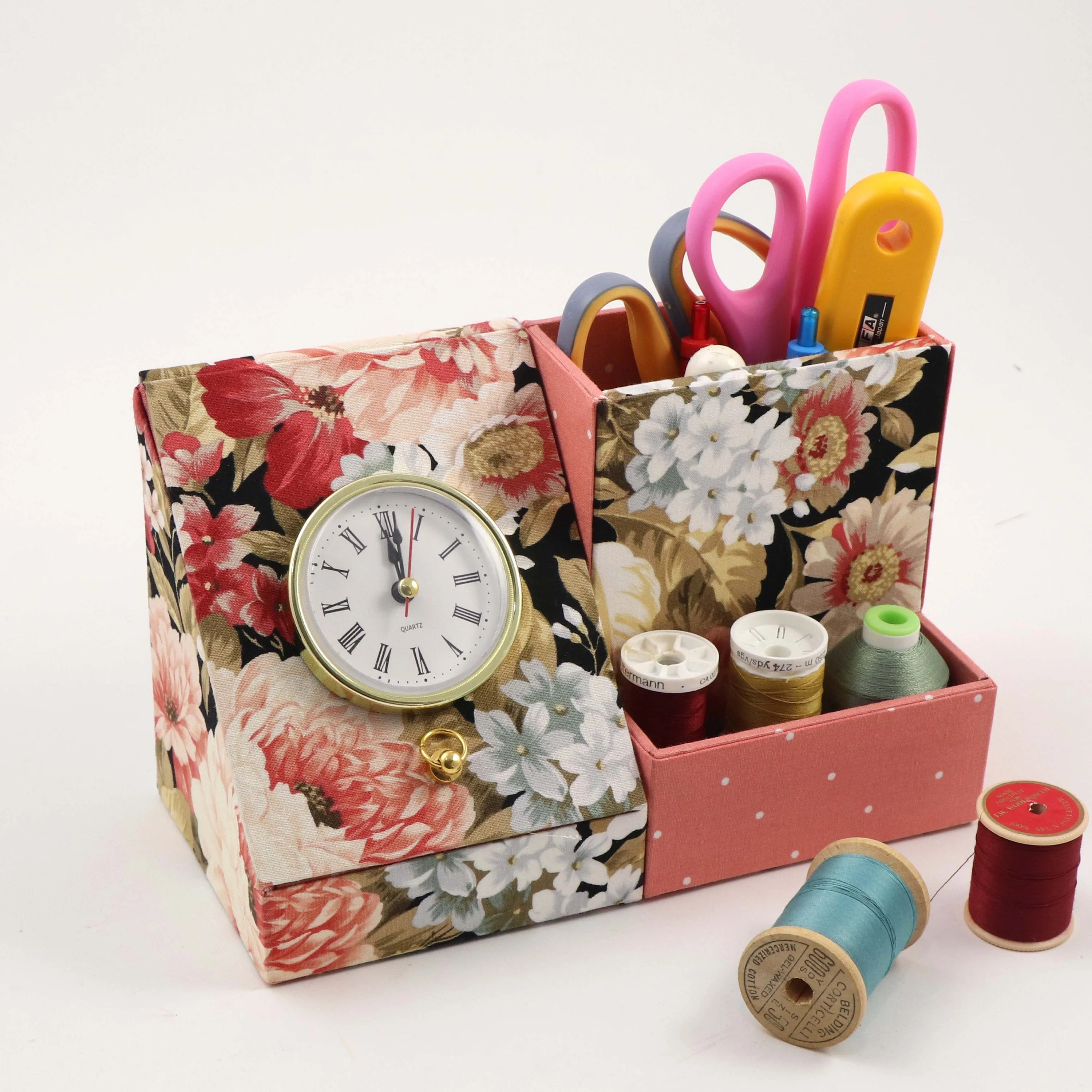 Desk clock organizer DIY kit, fabric box kit, cartonnage kit 175, Online instructions included