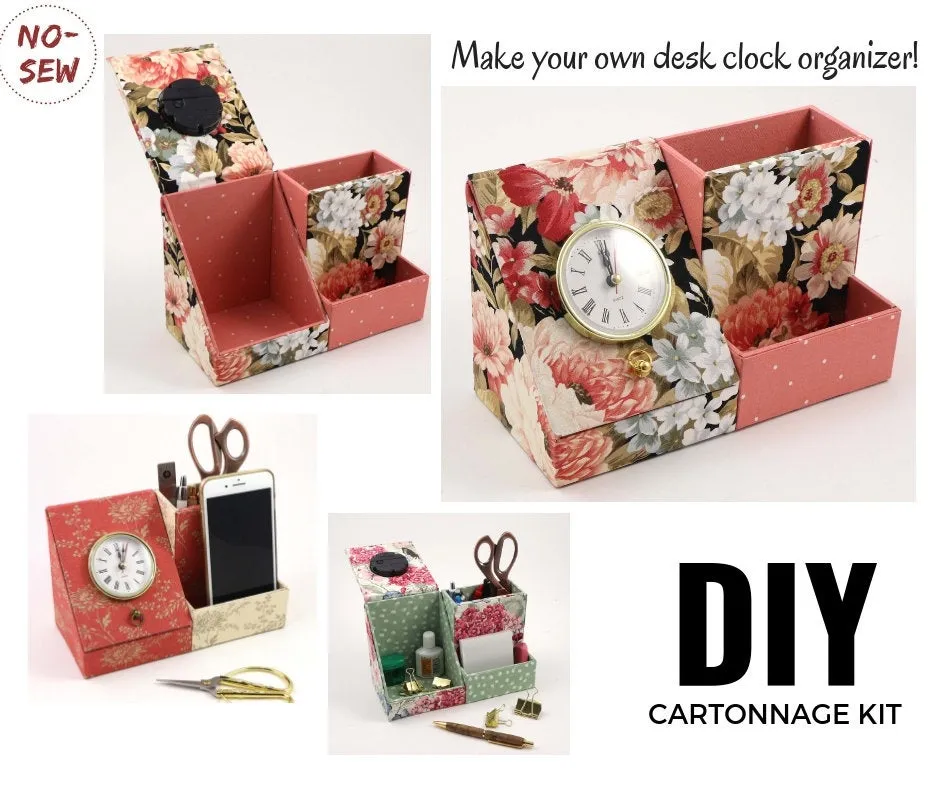 Desk clock organizer DIY kit, fabric box kit, cartonnage kit 175, Online instructions included